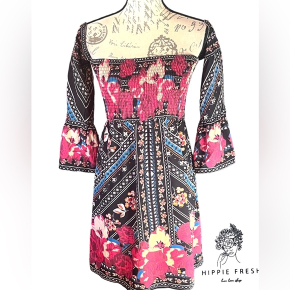 Flying Tomato Floral Off The Shoulders Smocked Bodice Mini Peasant Dress Size M - Picture 7 of 10